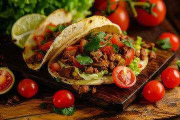 Delicious mexican taco on square wooden plate, cherry tomatoes and a lime slice. Savoury mexican food