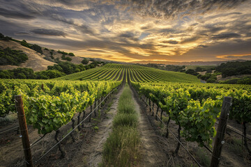 Fototapeta premium A vineyard with a beautiful sunset in the background