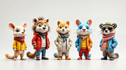 Fototapeta premium Adorable Cartoon Animals in Stylish Winter Outfits Perfect for Children's Illustrations
