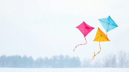 Colorful kites soaring in clear winter sky over snowy landscape