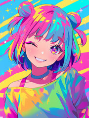 A girl anime-style character with  multi-colored hair in neon colors. The pop-art style background