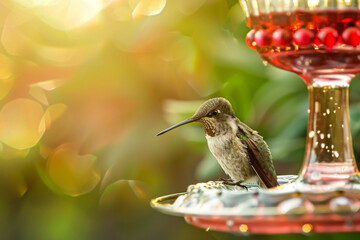 Obraz premium A hummingbird is perched on a bird bath