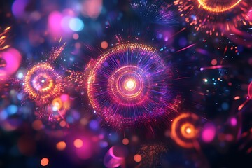 Obraz premium Happy New Year in glowing neon colors with fireworks and bokeh effects surrounding it.