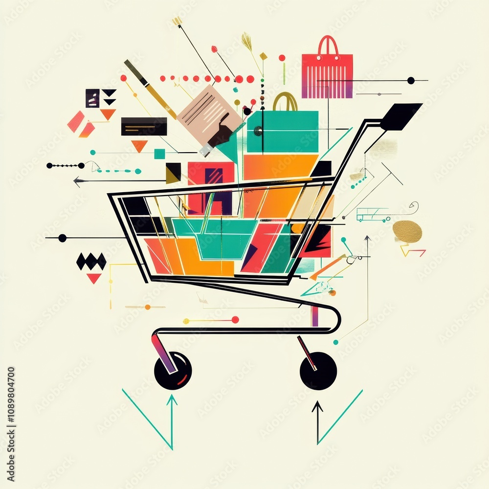 Poster vibrant shopping cart filled with colorful geometric shapes and creative patterns captures the essen