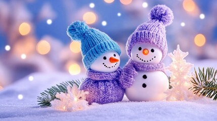 Obraz premium Adorable snowmen in winter wonderland with cozy knitted hats and scarves