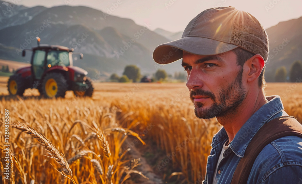 Aufkleber a man wearing a hat stands in a field of wheat. a tractor is in the background. the man is a farmer