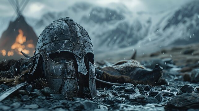 A weathered Viking helmet lies in the snow, a testament to a fallen warrior in a harsh, snowy landscape.