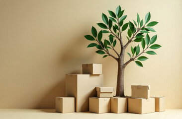 Packages stacked near a decorative tree with lush green leaves against a neutral background