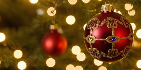 Obraz premium Macro shot of Christmas lights reflecting off a shiny golden ornament, soft blurred background