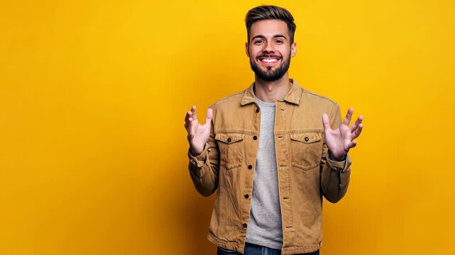 of glad nice man wear khaki trendy clothes recommend empty space isolated on yellow color background Video