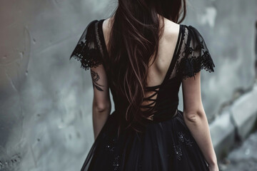 Fototapeta premium A woman wearing a black lace dress with delicate sleeves is positioned in front of a weathered gray wall. Her long hair cascades down her back, emphasizing the elegant design