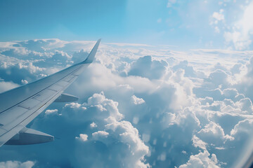 The airplane wing extends into the bright blue sky, offering a breathtaking view of fluffy clouds below, illuminated by the sun during daytime travel