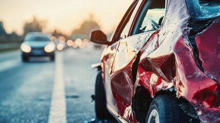 Naklejka premium Car collision on a busy road during sunset
