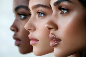 Three diverse female models posing together, flaunting perfect skin and expert makeup in a beauty campaign