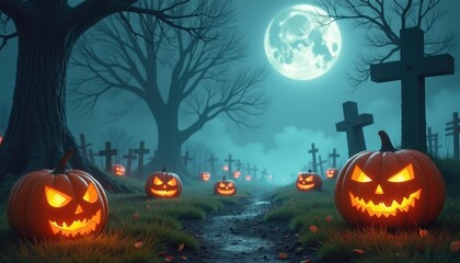 A spooky graveyard with pumpkins, ghosts, and swirling mist, leaving an open spot in the center for Halloween-inspired text.