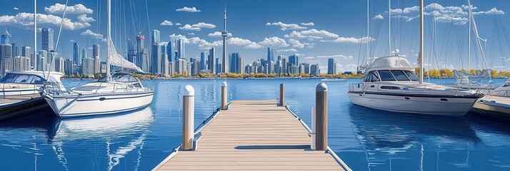 Obraz premium Marina View: Serene dock with sailboats against a vibrant blue skyline, perfect for travel and leisure themes.