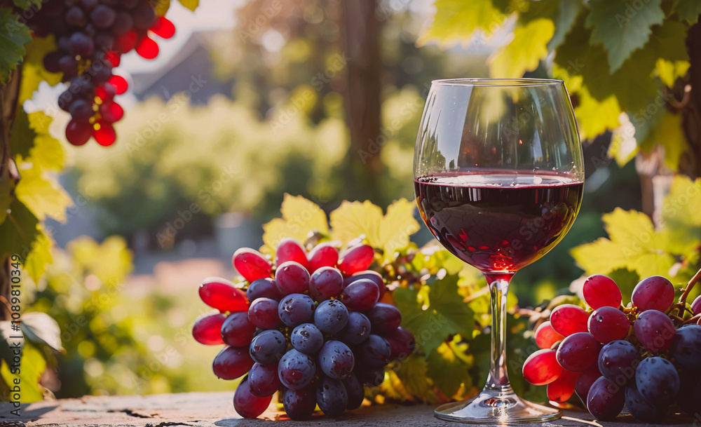 Poster a glass of red wine is poured into a wine glass next to a bunch of grapes. the scene is set in a vin