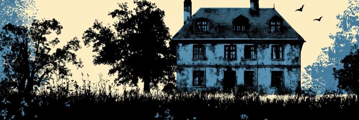 Eerie Landscape: A faded silhouette of a house amidst ghostly trees, ideal for horror themes or storytelling visuals.