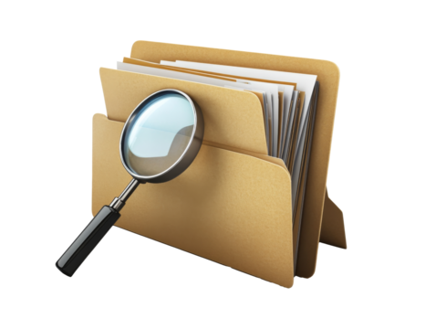 Magnifying glass over a file folder with documents