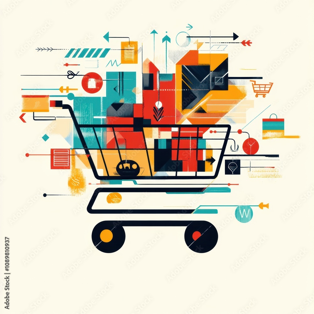 Poster an artistic depiction of a shopping cart composed of vibrant geometric shapes and flowing lines show