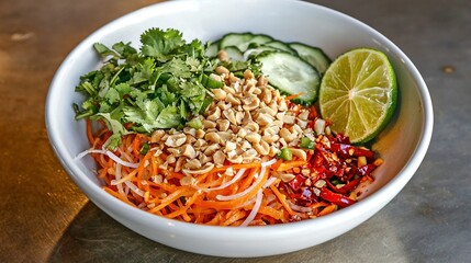   A zoomed-in photo of a bowl brimming with carrots, cucumber slices, peanuts, and diverse veggies