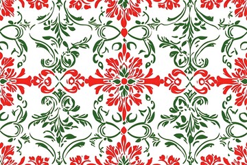 Red and green ornaments in a seamless pattern with a white background