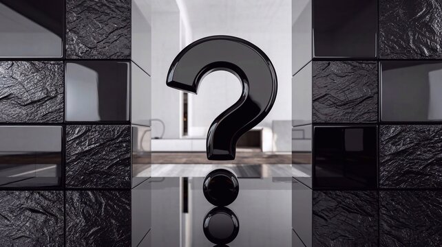 A sleek black question mark on a glossy, reflective surface with textured blocks, symbolizing modernity, problem-solving, and inquiry