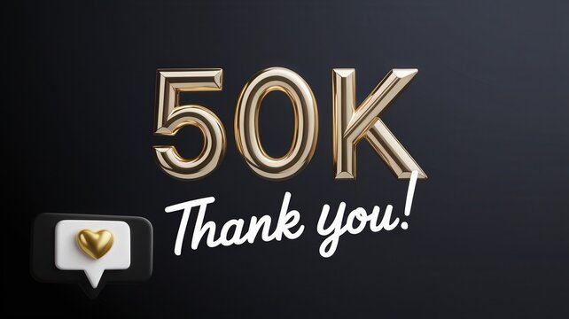 Golden '50K Thank You!' balloon decoration with heart emoji symbol, recognizing social media achievement or milestone celebration, stylish dark theme background