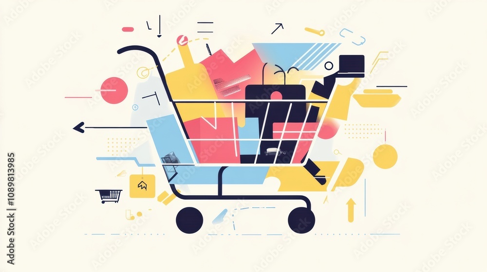 Poster colorful geometric shapes and flowing lines form an abstract shopping cart, symbolizing modern comme