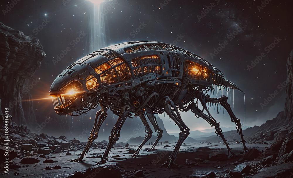 Poster A robot with glowing eyes is walking on a rocky surface. The robot is surrounded by a dark, starry sky. Scene is mysterious and otherworldly