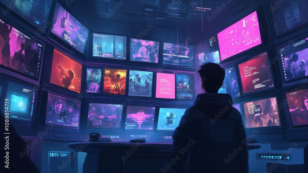 Aufkleber A person stands in a high-tech control room, engrossed in numerous brightly lit screens that showcase a mix of data, visuals, and graphics. The atmosphere is dynamic and engaging.