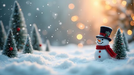 Obraz premium Miniature Photography Christmas Snowman Frosty Snow Season Winter Happy Cozy Forest Trees