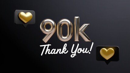 Golden '90K Thank You!' balloon letters with heart emoji, celebrating milestone or success in social media, dark background and creative stylish theme