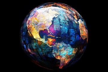 Holographic earth globe with abstract patterns representing global commerce