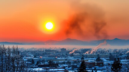 Industrial Pollution at Sunset: A Dramatic Scene of Smokestacks Against a Colorful Sky.