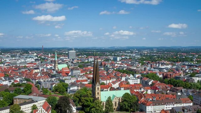 Aerial timelapse of Bielefeld from Sparrenburg Castle, North Rhine-Westphalia, Germany