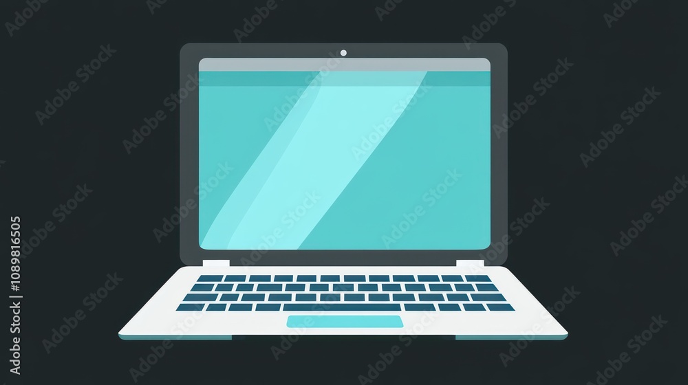 Poster modern laptop computer displaying a light blue screen