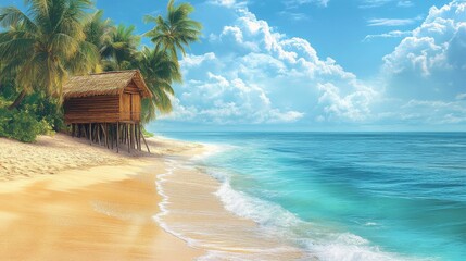 Fototapeta premium Tropical Beach Hut Under Palm Trees Peaceful Ocean View