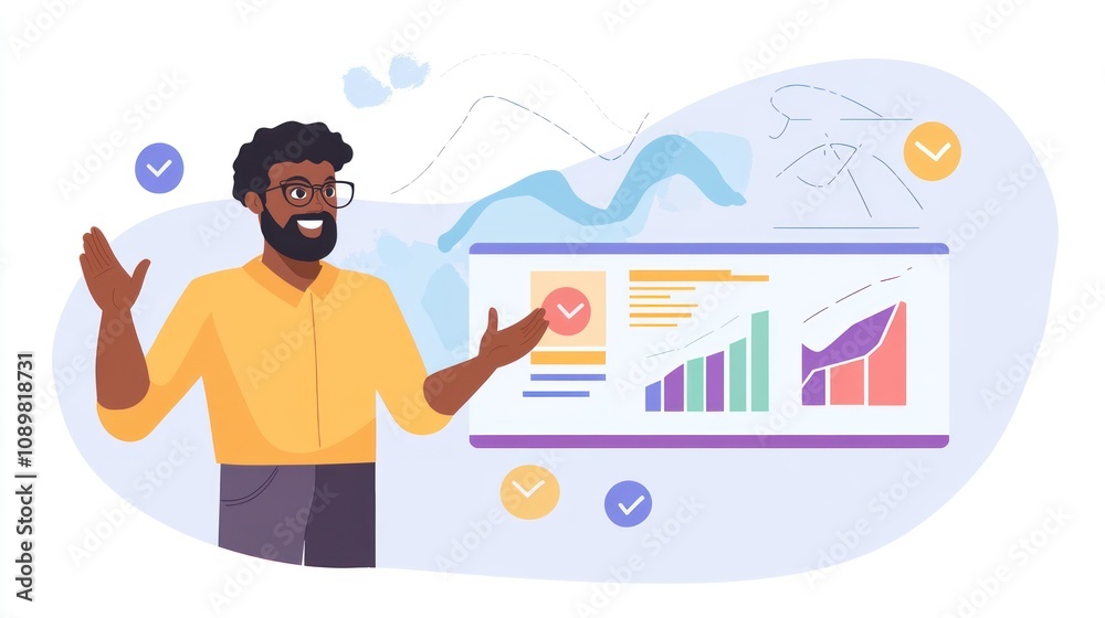 Poster man presenting business data growth charts and statistics