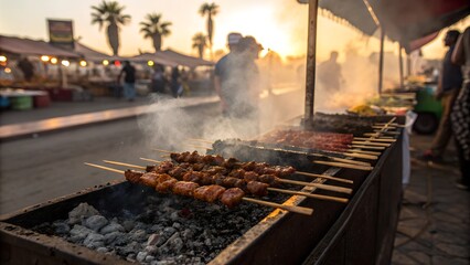 Suya on grill during golden hour at street food festival.