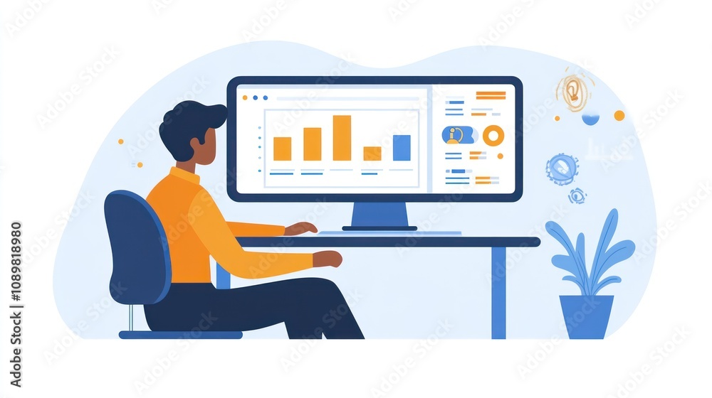 Poster Man Analyzing Data Graphs on Computer Screen