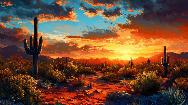Desert sunset landscape with cactus and bushes. Desert Cactus Sunset. Illustration