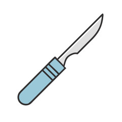 Fototapeta premium Surgical scalpel icon in cartoon style, blue and silver colors, represents medical and surgical concept