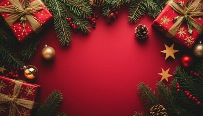 Festive Christmas Frame With Gift Boxes, Xmas Tree Branches, And Golden Stars On Red Background. Top View With Copy Space. Perfect Holiday Mockup.