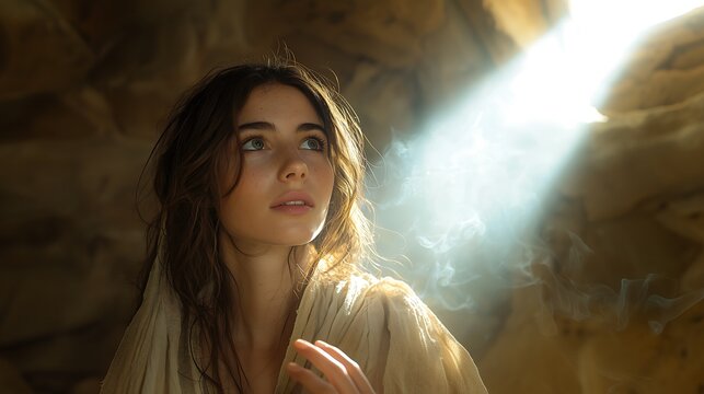 Maria m&atilde;e de Jesus falando com Deus, ouvindo o anjo gabriel