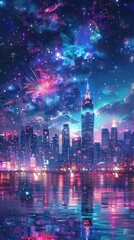 Obraz premium A futuristic cityscape with a glowing sky filled with stars reflected in the water.