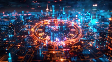 Fototapeta premium A glowing clock face superimposed over a city skyline, representing the passage of time in a modern urban environment.