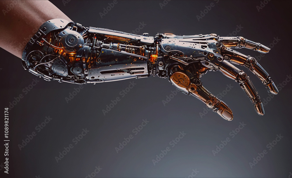 Poster a robotic hand with a metal arm and a metal wrist. the hand is pointing to something. the image has 