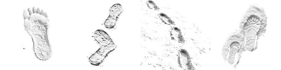 Footprints in Snow – Impressions Left by Footsteps on a Snowy Surface Isolated on Clear White Background Highly Detailed 