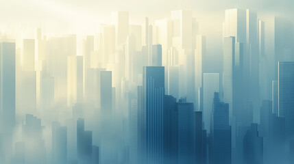 Fototapeta premium Stadtlandschaft im Nebel mit Wolkenkratzern und sanftem Licht